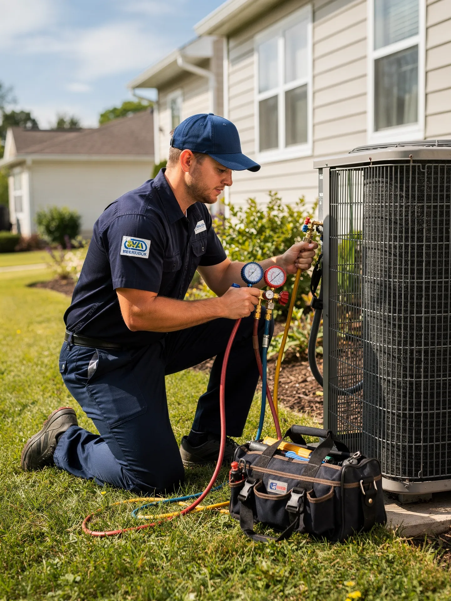 TrueClimate HVAC technician servicing an air conditioner